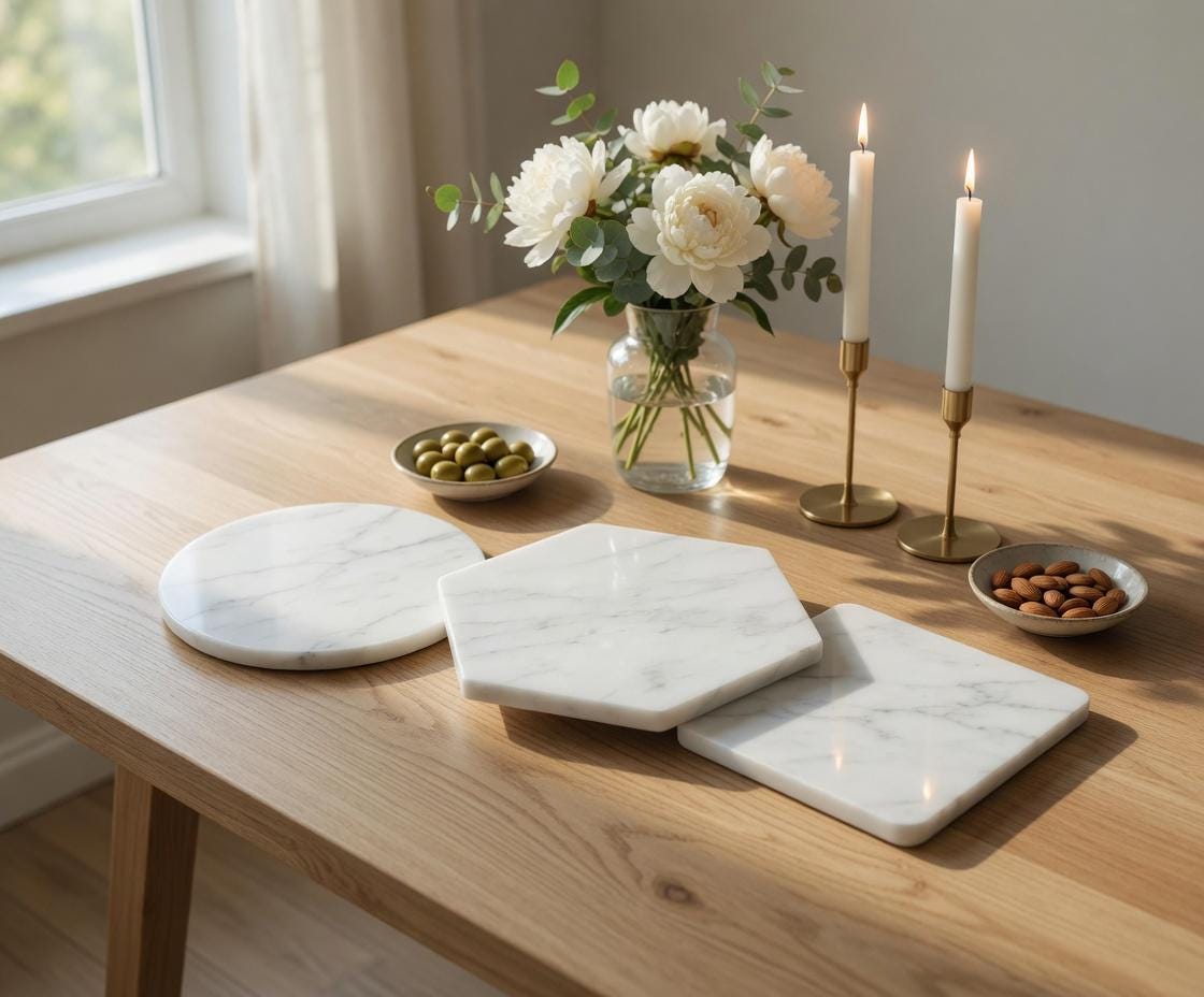 Mountain White Marble Hexagon 6"-24" Trivets / Tabletops / Decorative Marble Pieces in many sizes FREE SHIPPING