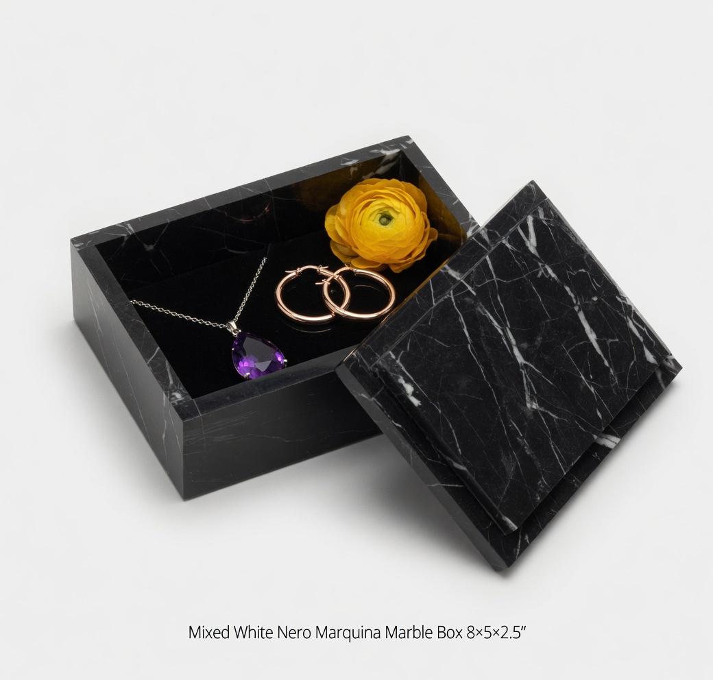 Mixed White Nero Marquina Marble Box 8"×5" height 2 1/2" beautiful deep black marble with considerable White veining Free Shipping