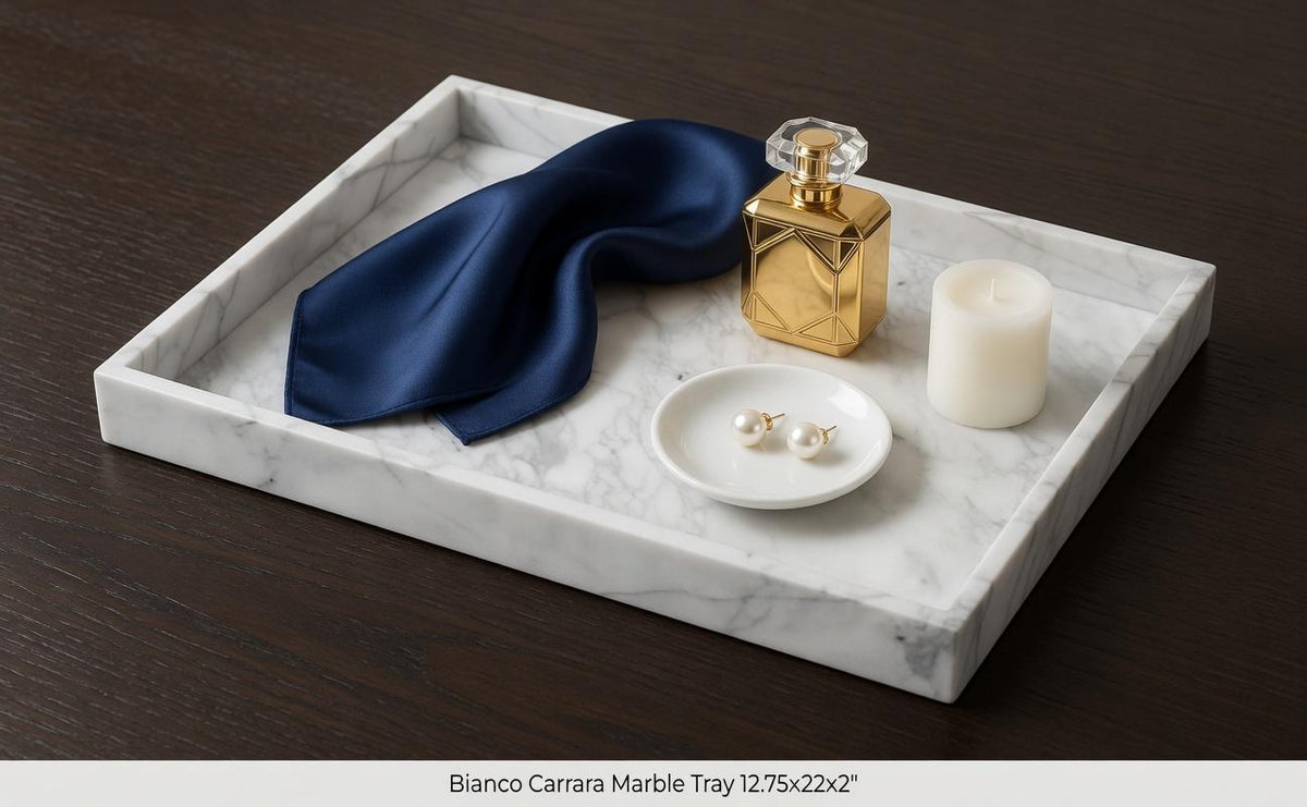 Handmade Bianco Carrara Marble Serving Tray, Elegant Centerpiece (22"x12 3/4")