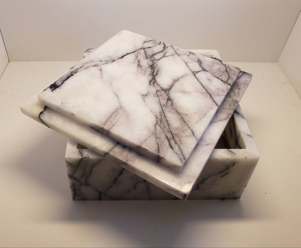 Handmade Amethyst Blue Marble box, 7 3/4"×7 3/4"×3 5/8" A rich creamy white with blue and purple veining a beautiful storage container.