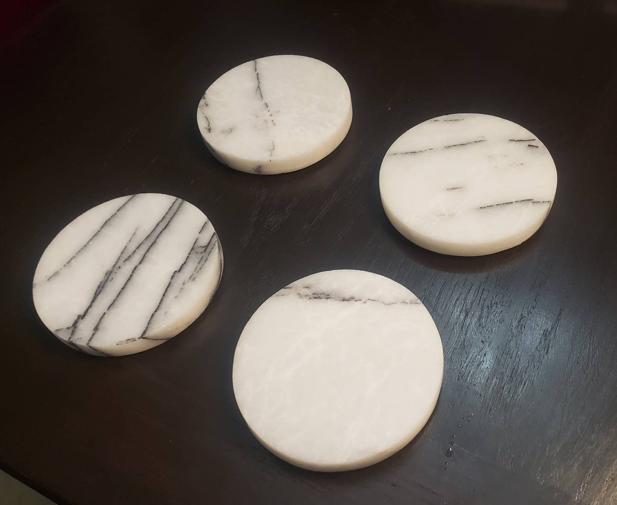 Set of 4 Handmade Amethyst Blue Marble  Coasters a beautiful creamy white marble with strong blue veining set of 4" Round, square or mix