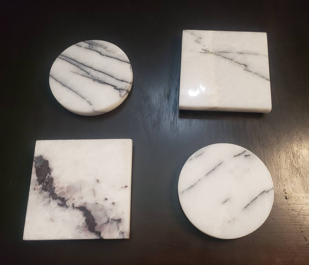 Set of 4 Handmade Amethyst Blue Marble  Coasters a beautiful creamy white marble with strong blue veining set of 4" Round, square or mix