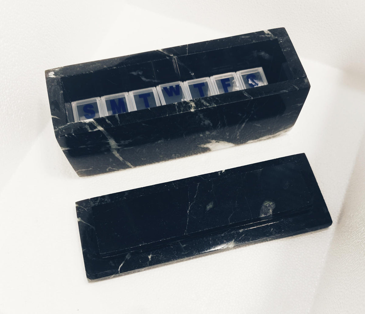Empress Green Marble Pill Box with Weekly Organizer, an elegant storage solution for your needs,  Deep, dark, and rich green marble.