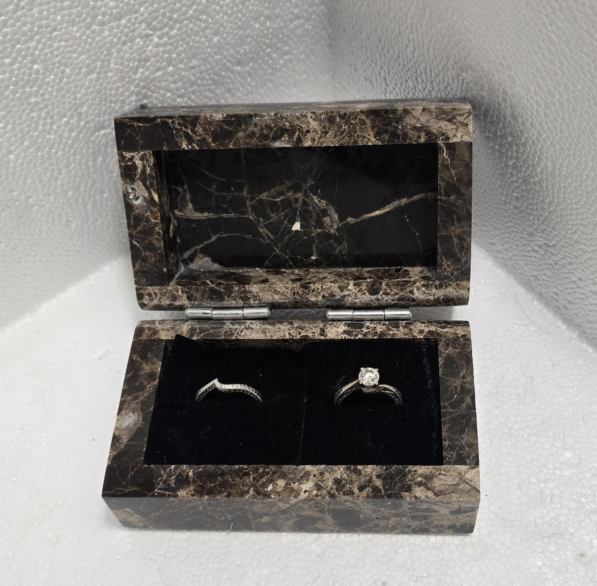 Emperador Dark Marble Double Ring Box a beautiful box perfect for a proposal or display a perfect keepsake that will be treasure forever