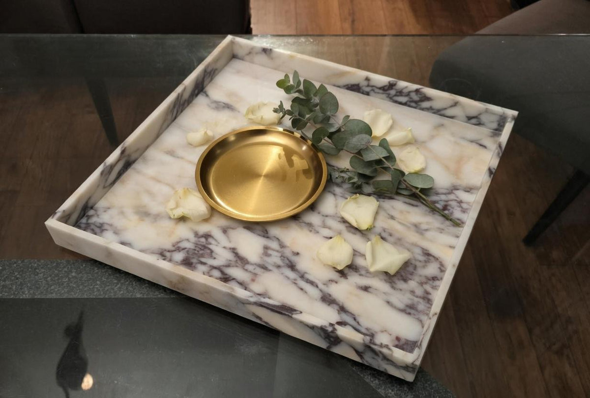Amaretto Viola Marble Tray 20"×20" height 2", Elegant Purple & White Stone free shipping