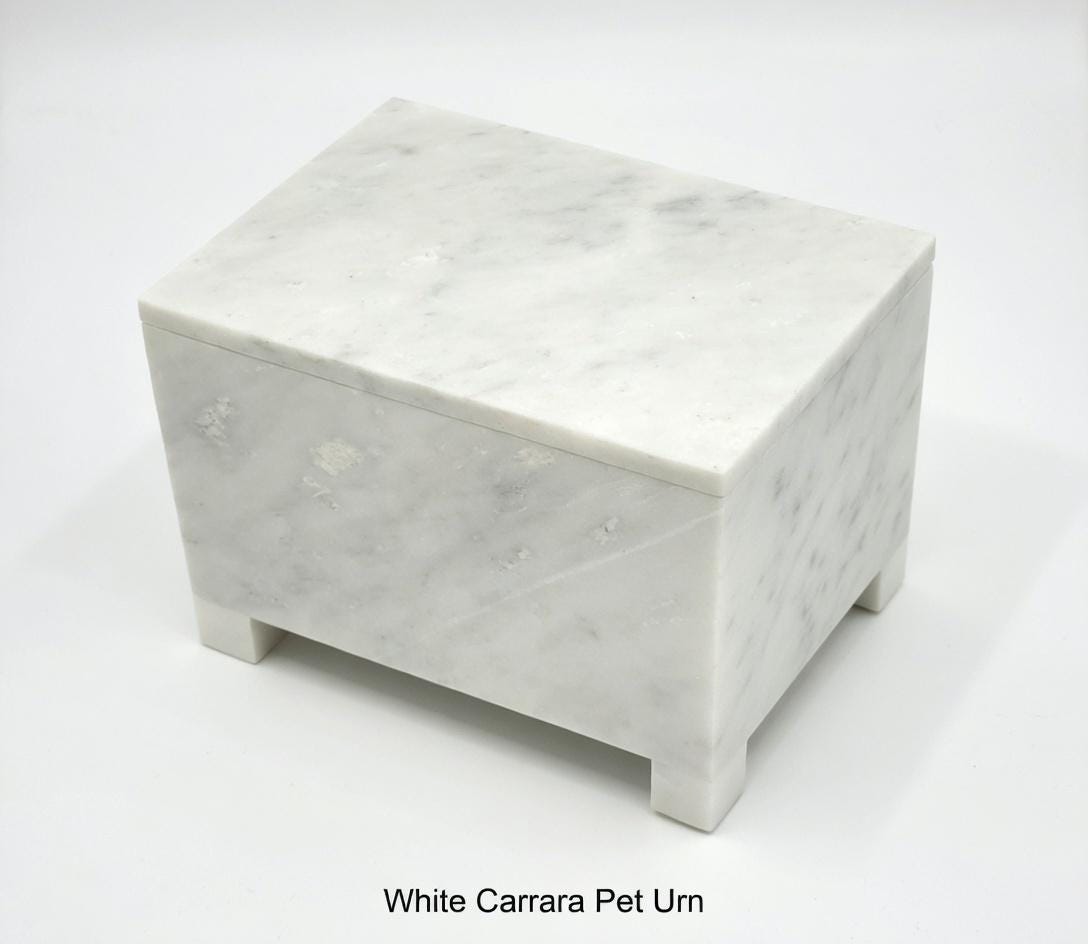 Handmade White Carrara Pet Urn 8 1/2" x 5 1/2" Height 6 1/2" rich creamy white with beautiful grey accents. Elegant vessel. Free Shipping.