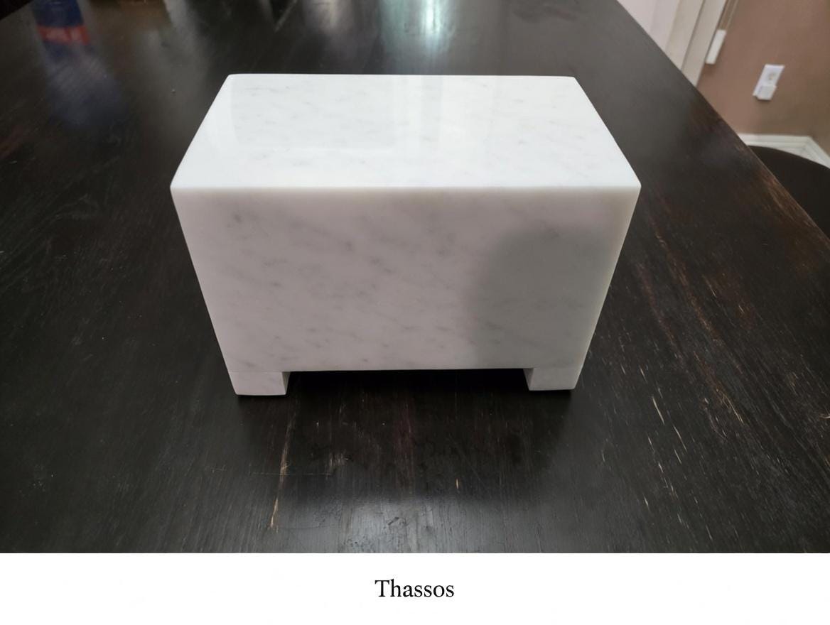 Handmade Stone Pet Urn 8 1/2" x 5 1/2" Height 6 1/2" avaliable in a variety of stone types and colors. Free Shipping.