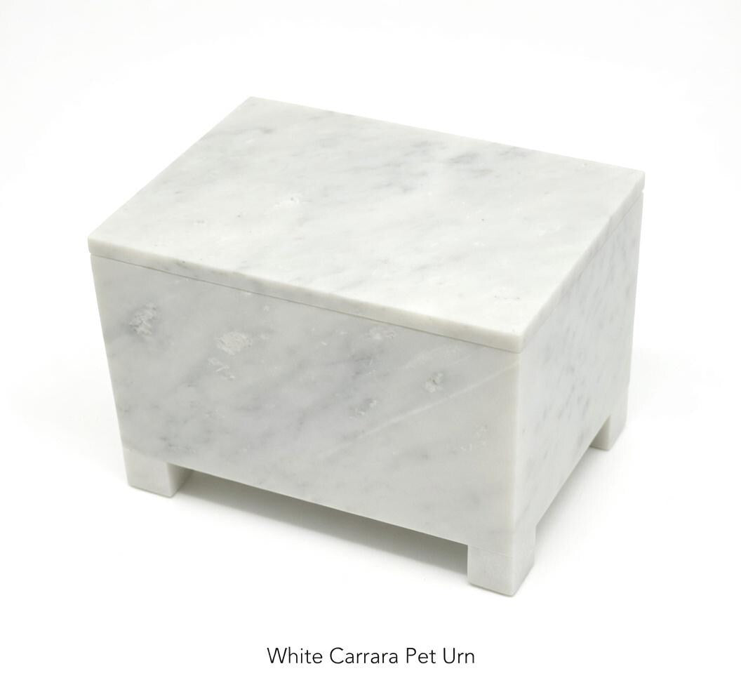 Handmade White Carrara Pet Urn 8 1/2" x 5 1/2" Height 6 1/2" rich creamy white with beautiful grey accents. Elegant vessel. Free Shipping.
