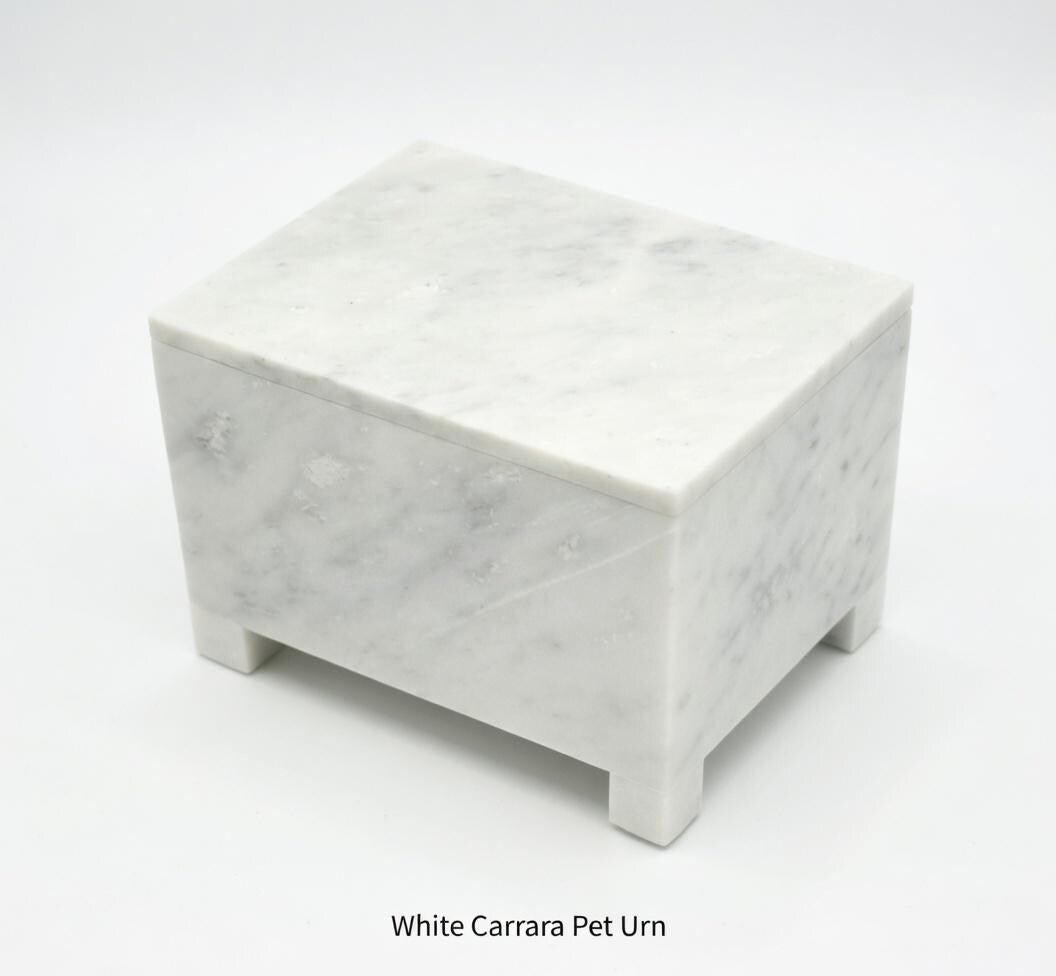 Handmade White Carrara Pet Urn 8 1/2" x 5 1/2" Height 6 1/2" rich creamy white with beautiful grey accents. Elegant vessel. Free Shipping.