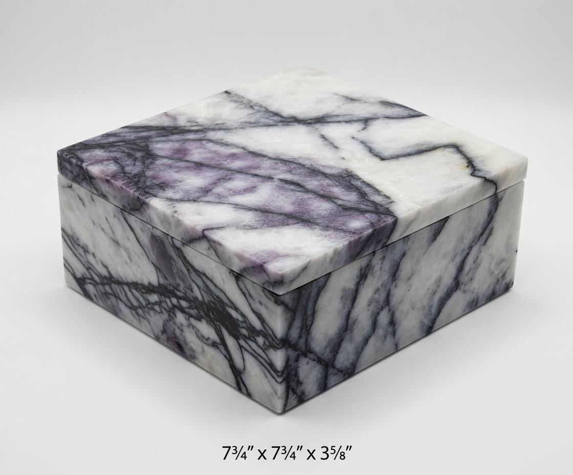 Handmade Amethyst Blue Marble box, 7 3/4"×7 3/4"×3 5/8" A rich creamy white with blue and purple veining a beautiful storage container.