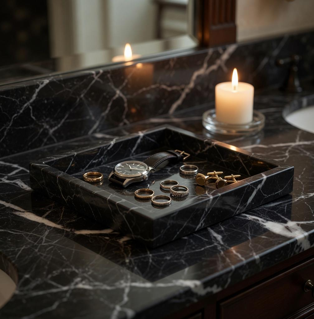Mixed White Nero Marquina Marble Tray 6" × 6" height 1", perfect for your nightstand, bathroom, or perfect as base of a reed diffuser.