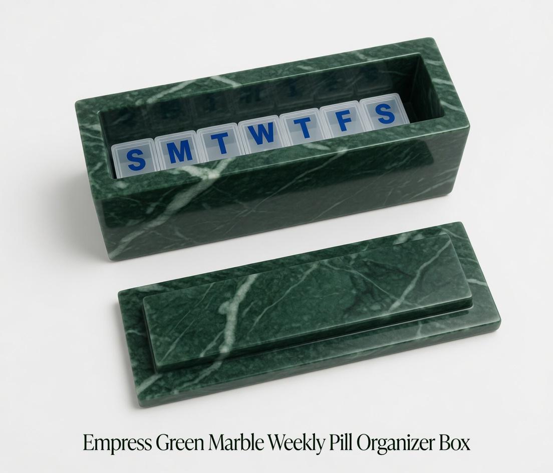 Empress Green Marble Pill Box with Weekly Organizer, an elegant storage solution for your needs,  Deep, dark, and rich green marble.