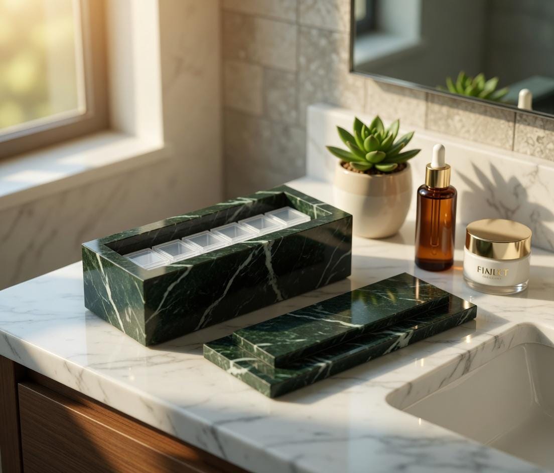 Empress Green Marble Pill Box with Weekly Organizer, an elegant storage solution for your needs,  Deep, dark, and rich green marble.