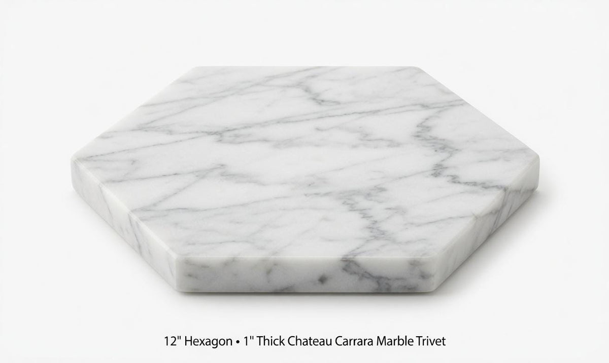 1" thick Chateau Carrara marble Trivets 6",7",8",9",10",11",12",13",14",15",16" available in a variety of shapes