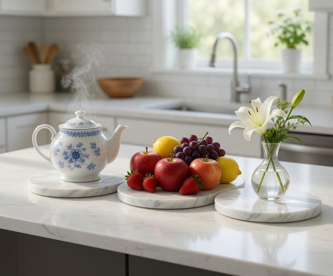 1" thick Chateau Carrara marble Trivets 6",7",8",9",10",11",12",13",14",15",16" available in a variety of shapes
