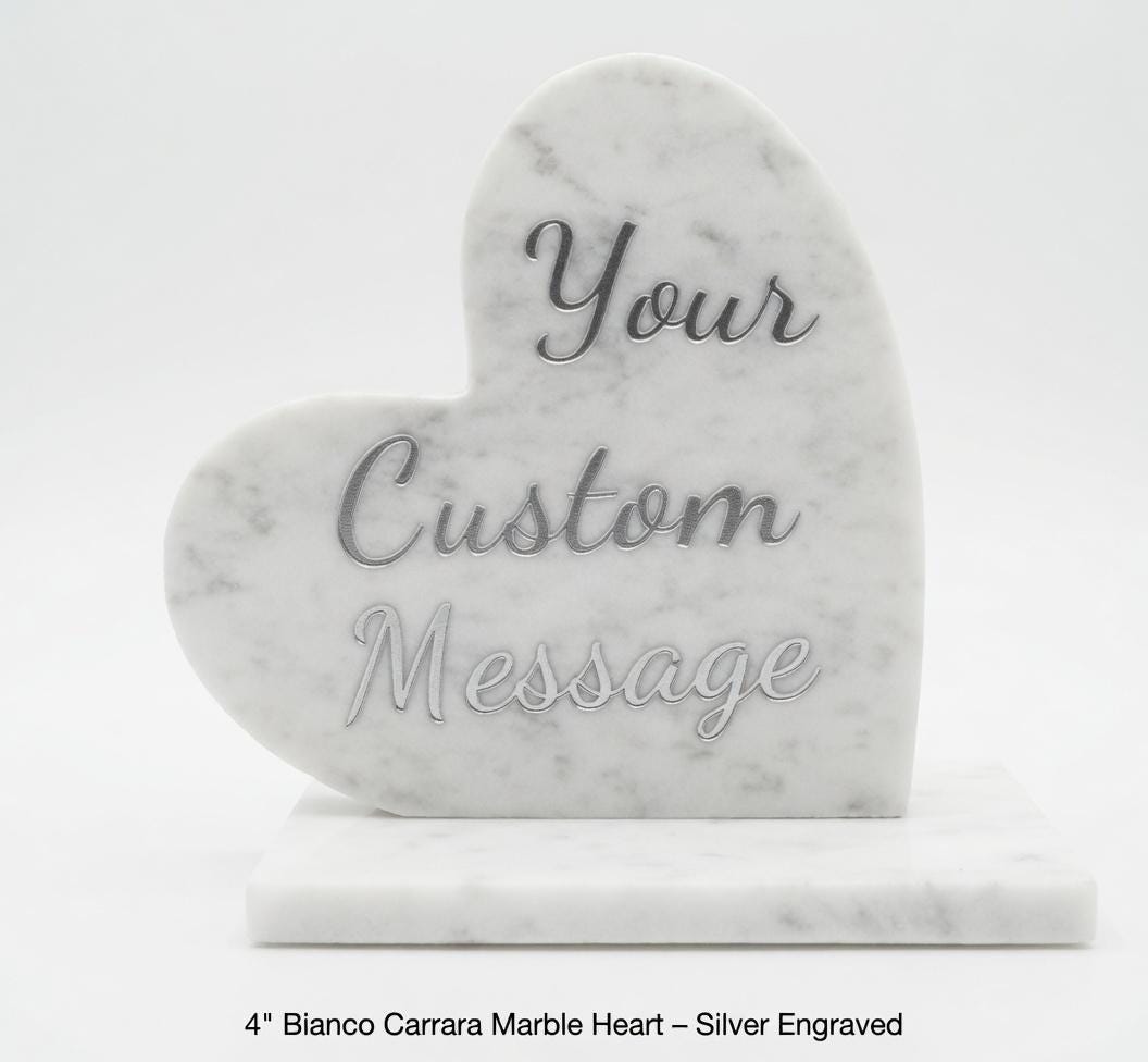 Carrara Marble Heart ENGRAVED gray with white accents and veins 4" polished heart on marble base (your custom message)