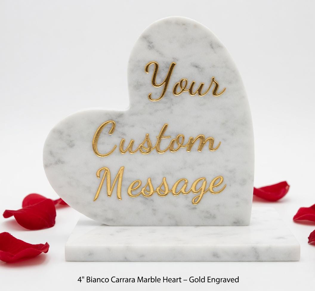 Carrara Marble Heart ENGRAVED gray with white accents and veins 4" polished heart on marble base (your custom message)