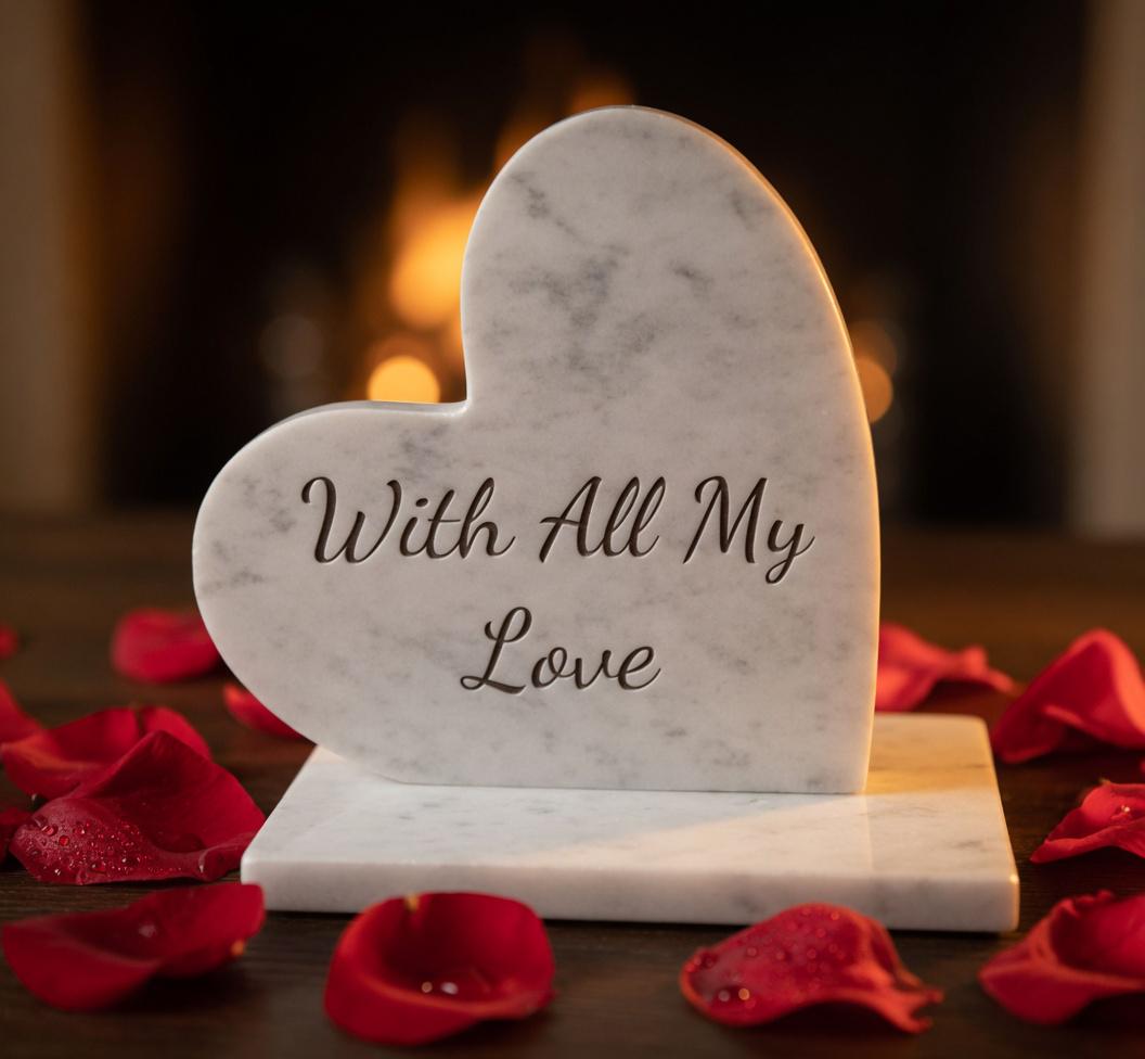 Carrara Marble Heart ENGRAVED gray with white accents and veins 4" polished heart on marble base (your custom message)