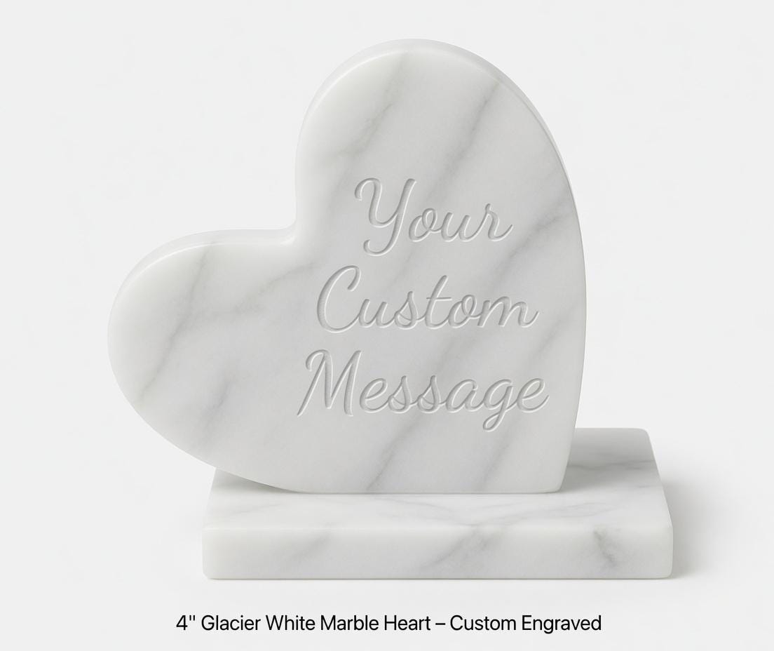 Glacier White Marble Heart 4" ENGRAVED polished heart on marble base  (your custom message)