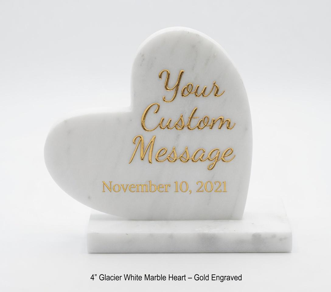 Glacier White Marble Heart 4" ENGRAVED polished heart on marble base  (your custom message)