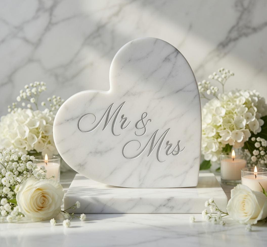 Glacier White Marble Heart 6" ENGRAVED polished heart on marble base (your custom message)