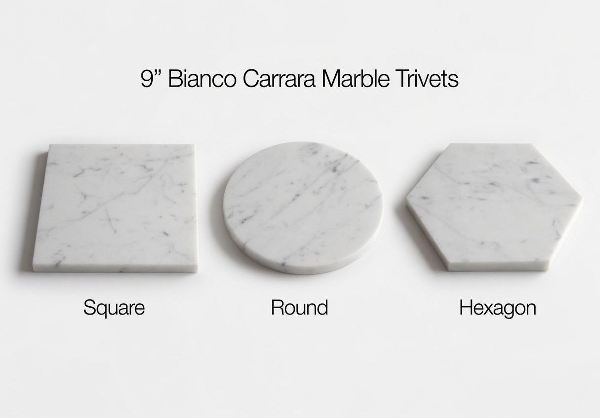Handmade Bianco Carrara Marble,  Hot plate. Perfect to protect your table from hot pots and pans 9" available in 3 shapes.
