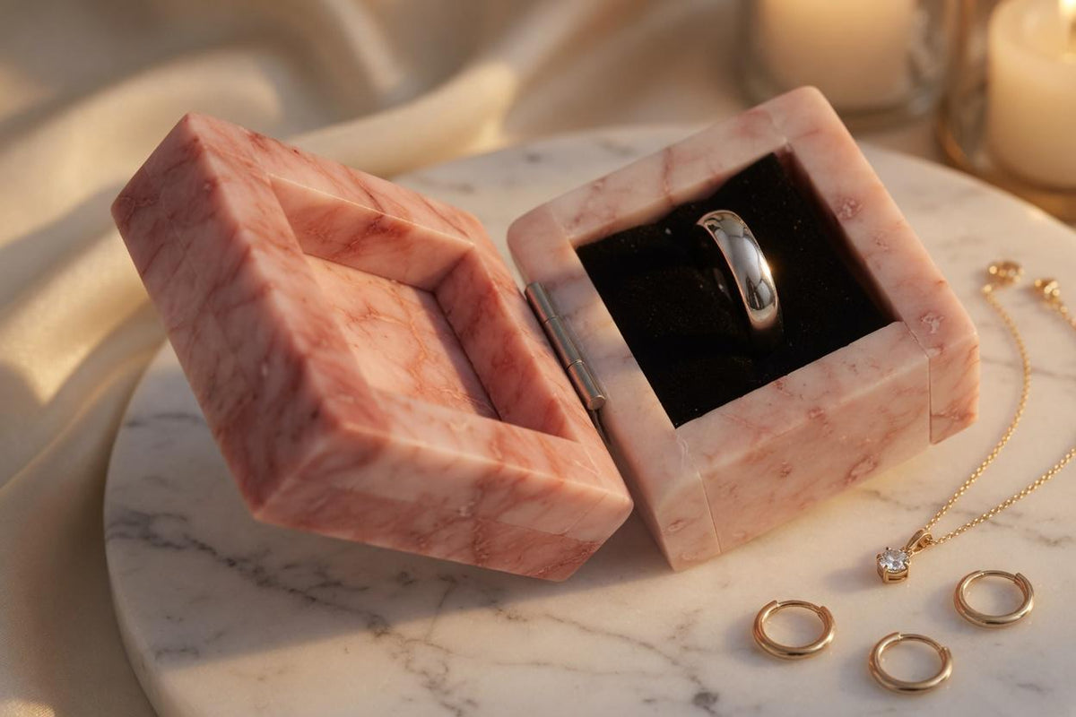 Coral Notte Pink Marble Ring Box a beautiful box perfect for a proposal or display a perfect keepsake that will be treasure forever