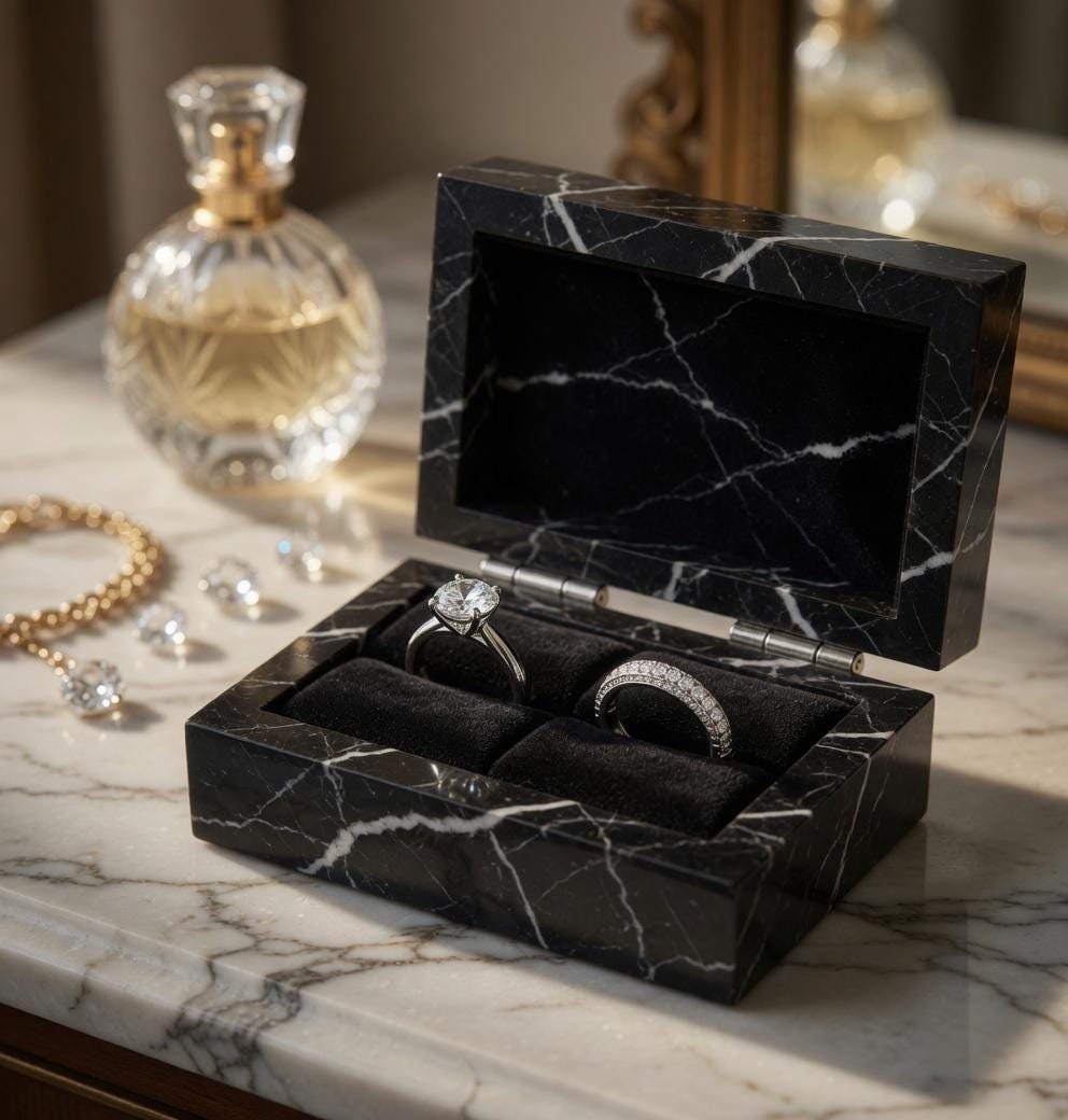 Nero Marquina Marble Double Ring Box a beautiful box perfect for a proposal or display a perfect keepsake that will be treasure forever