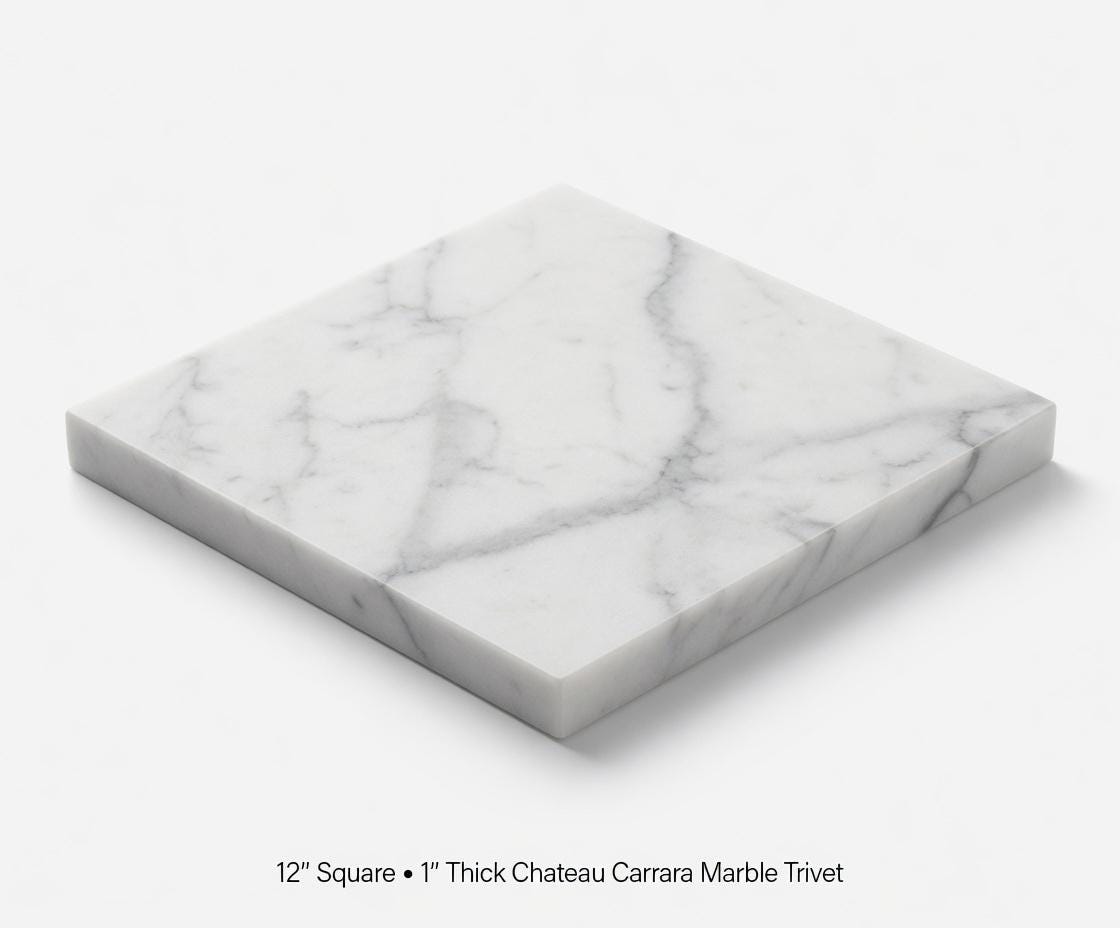 1" thick Chateau Carrara marble Trivets 6",7",8",9",10",11",12",13",14",15",16" available in a variety of shapes