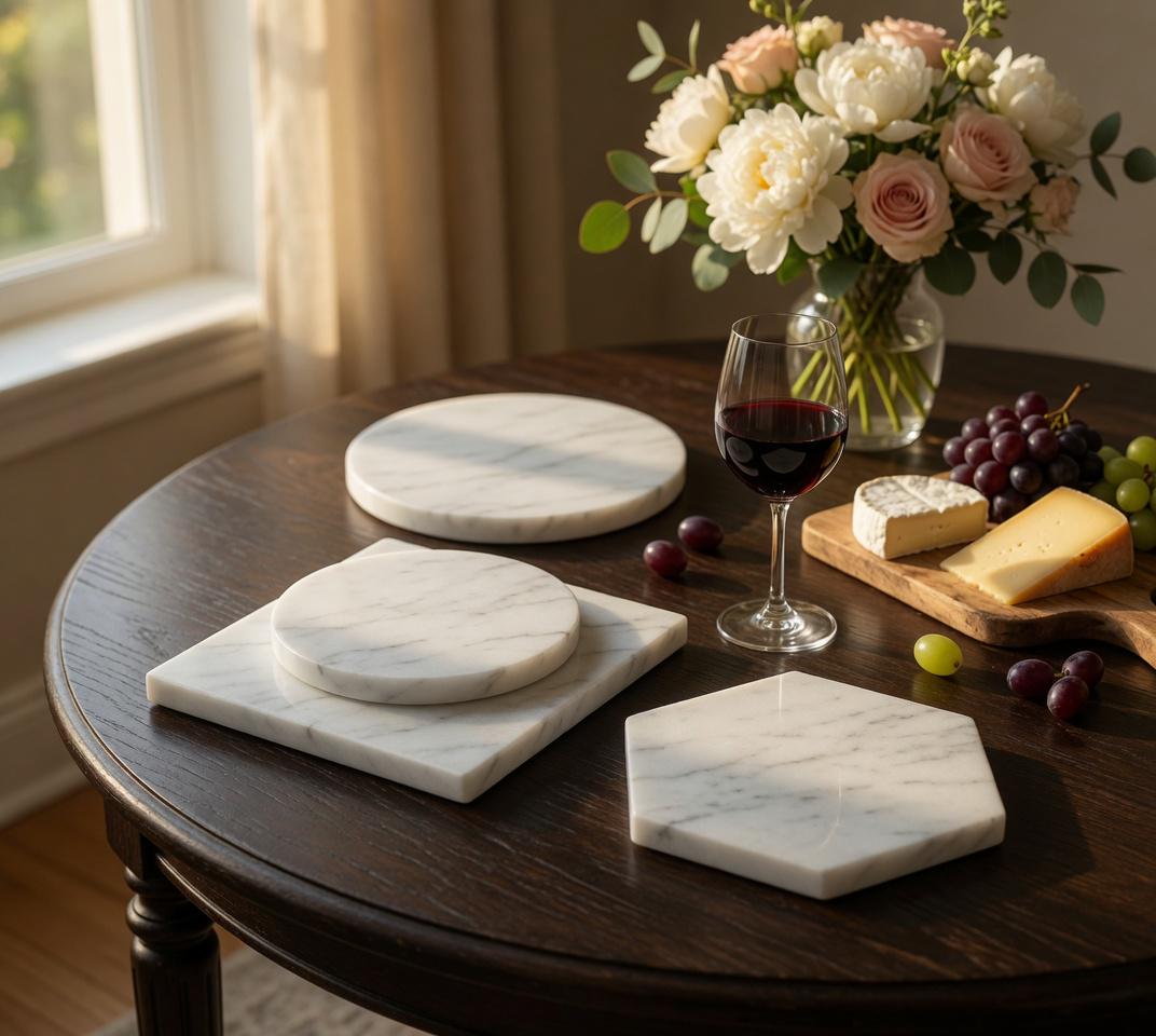 1" thick Chateau Carrara marble Trivets 6",7",8",9",10",11",12",13",14",15",16" available in a variety of shapes