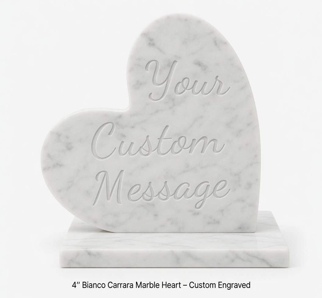 Carrara Marble Heart ENGRAVED gray with white accents and veins 4" polished heart on marble base (your custom message)