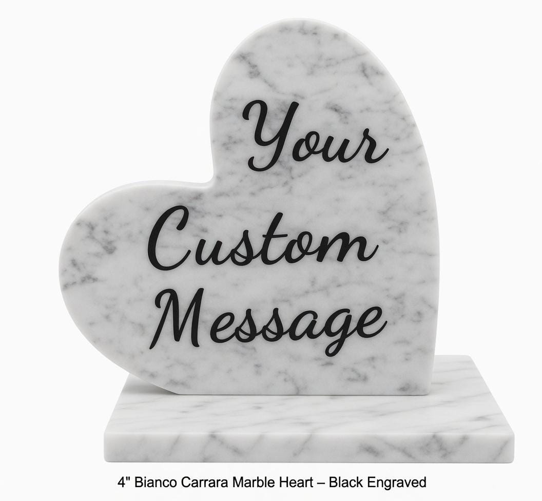 Carrara Marble Heart ENGRAVED gray with white accents and veins 4" polished heart on marble base (your custom message)