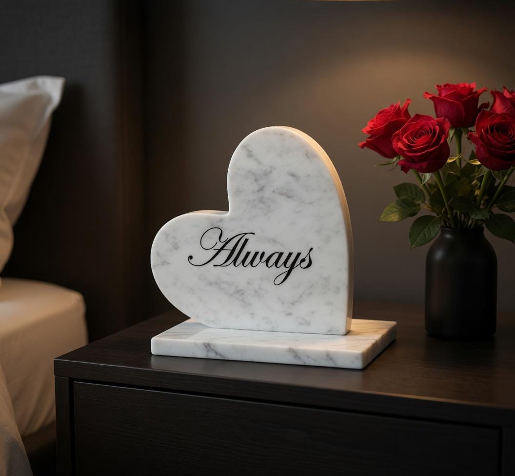 Bianco Carrara Marble Heart 6" Engraved polished heart on marble base (your custom message)