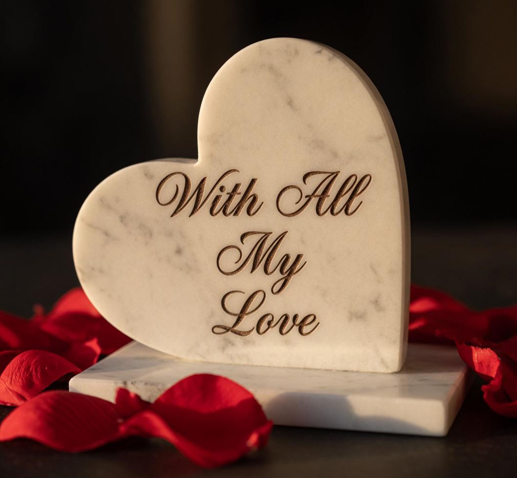 Bianco Carrara Marble Heart 6" Engraved polished heart on marble base (your custom message)