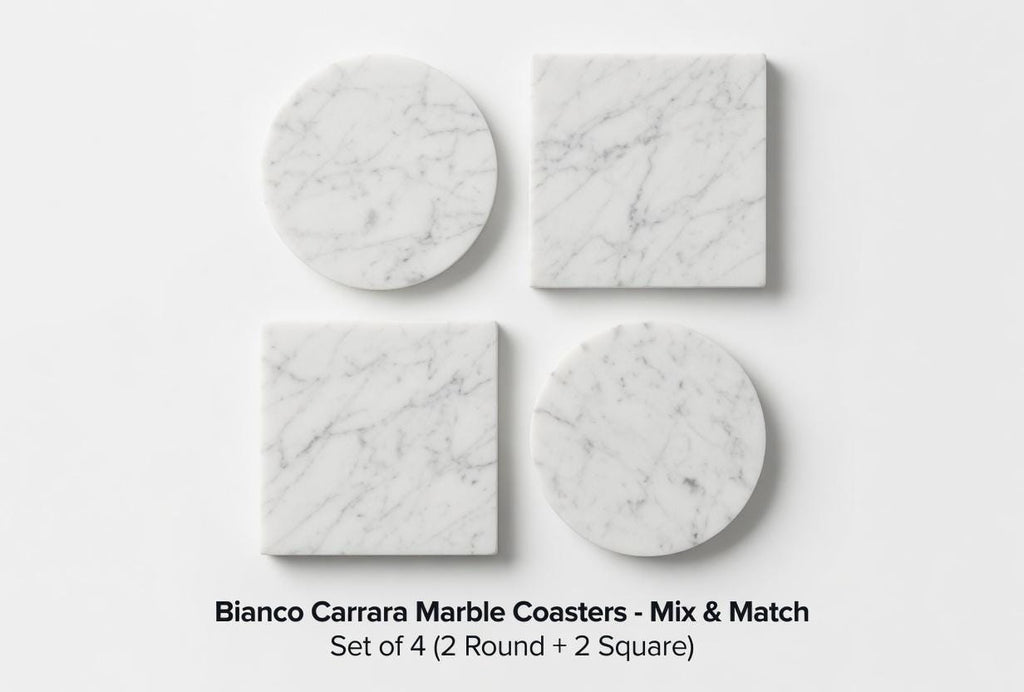 Bianco Carrara Marble Coasters, Set of 4, Round or Square