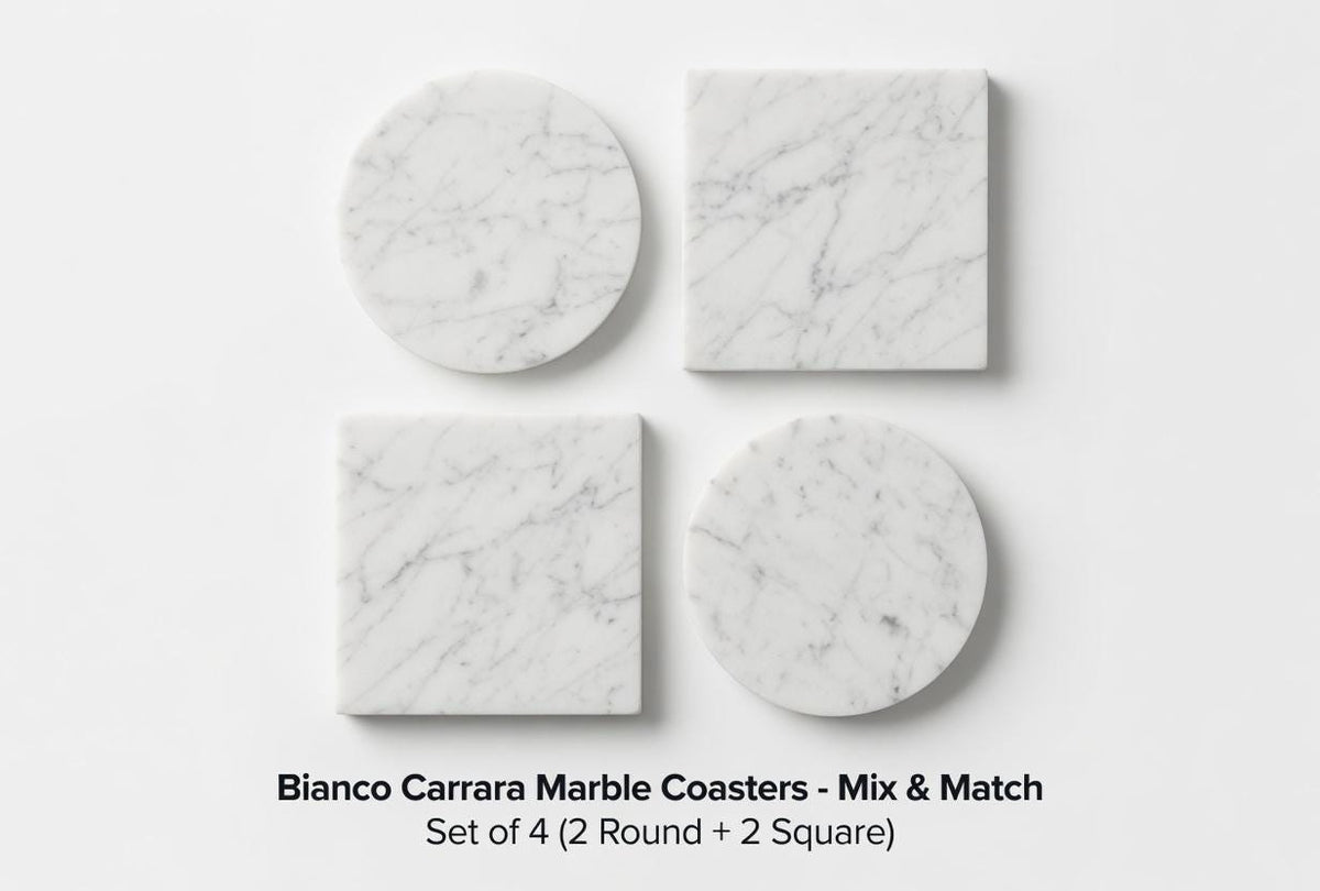 Bianco Carrara Marble Coasters, Set of 4, Round or Square