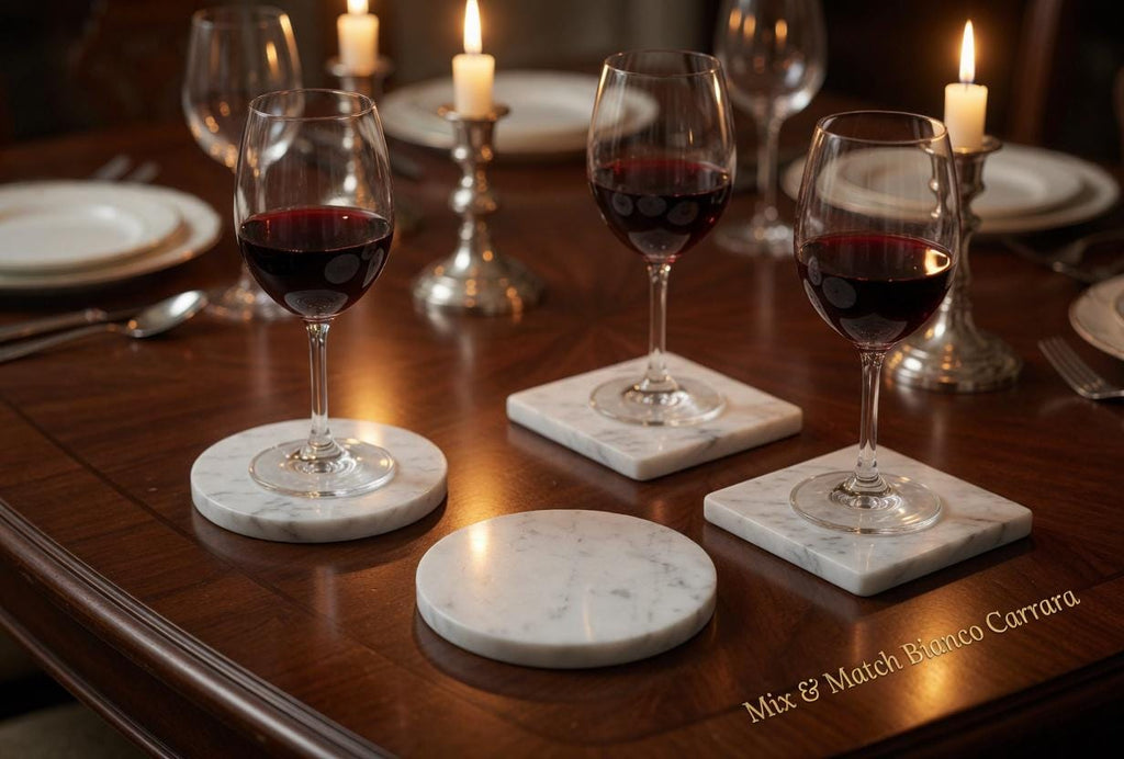 Bianco Carrara Marble Coasters, Set of 4, Round or Square