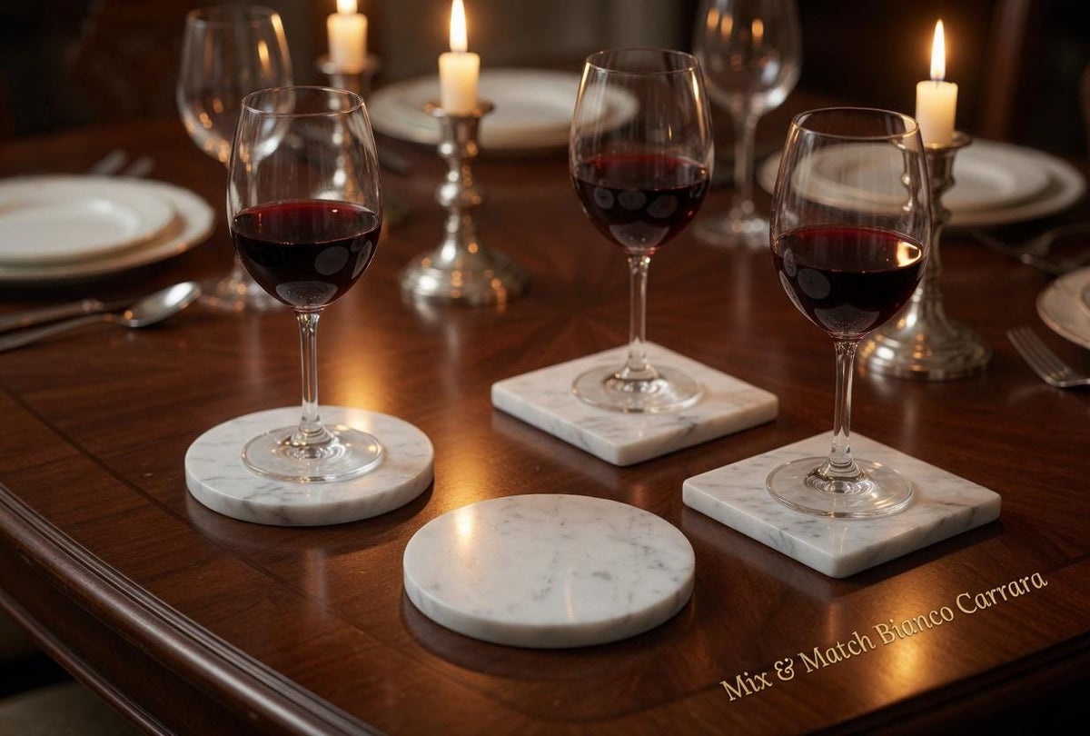 Bianco Carrara Marble Coasters, Set of 4, Round or Square