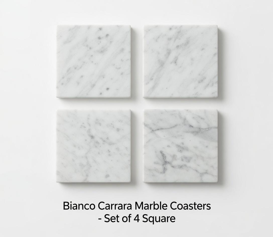 Bianco Carrara Marble Coasters, Set of 4, Round or Square