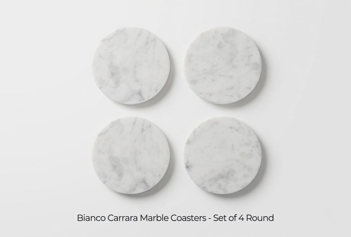 Bianco Carrara Marble Coasters, Set of 4, Round or Square
