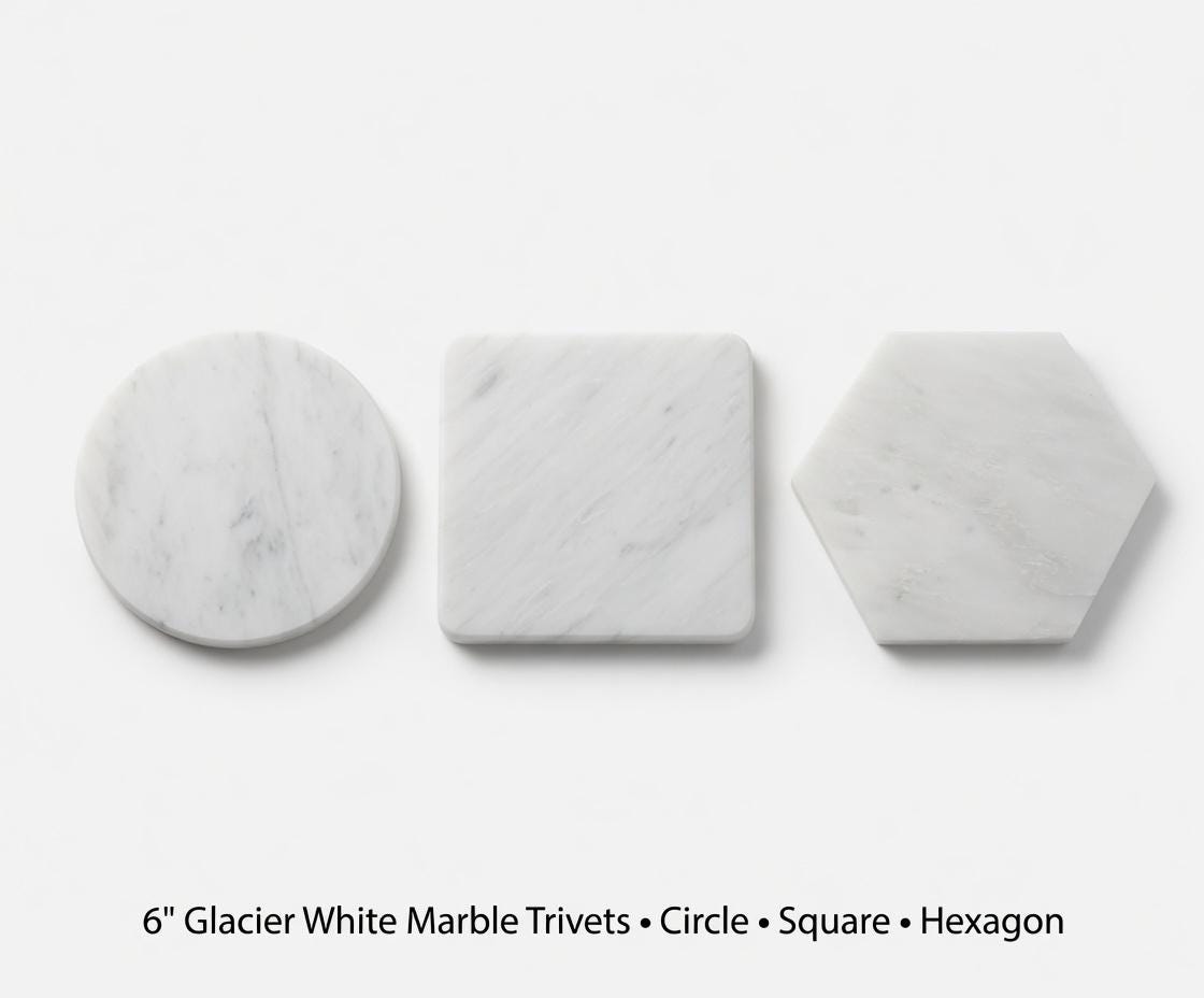 Handmade Glacier White Marble,  Hot plate. Perfect to protect your table from hot pots and pans 6" available in 3 shapes.