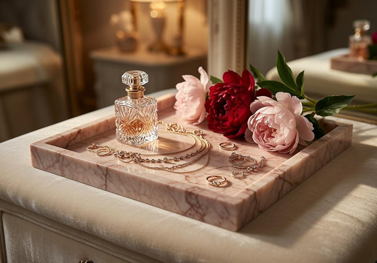 Coral Notte Pink Marble Tray 10" × 10" height 1", perfect for your centerpiece or beautiful decor. Free Shipping to USA