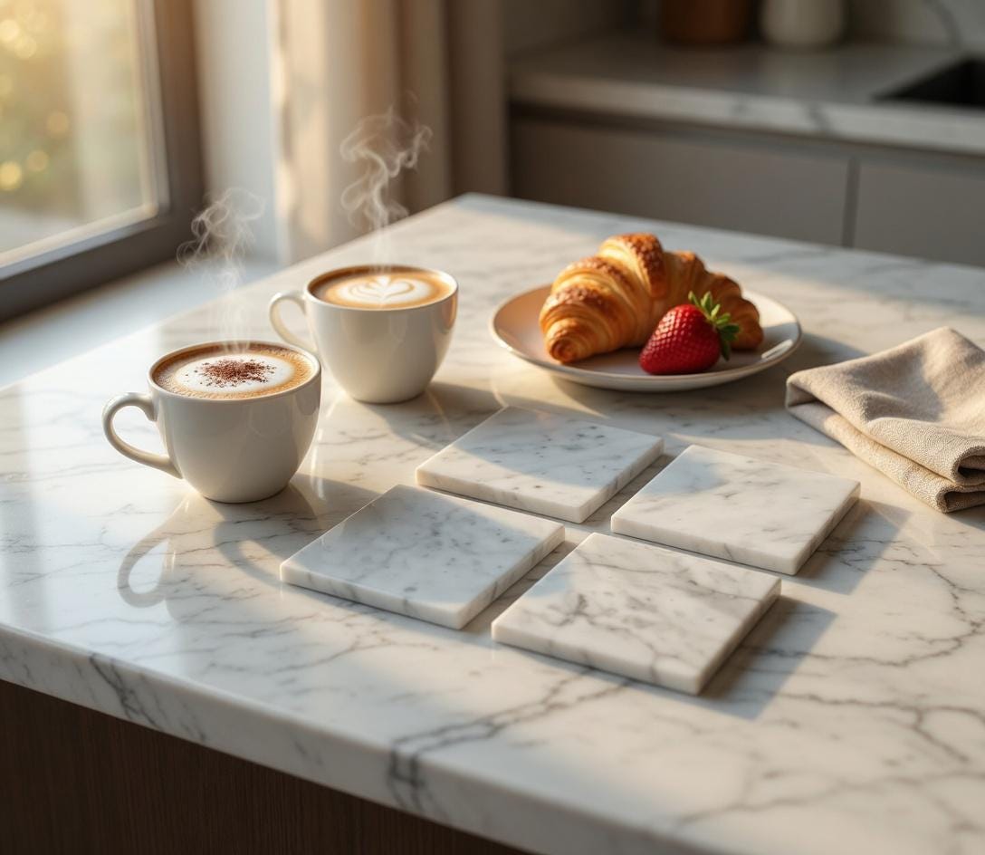Bianco Carrara Marble Coasters, Set of 4, Round or Square
