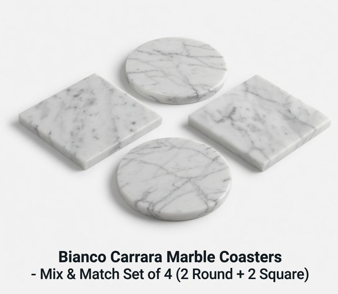 Bianco Carrara Marble Coasters, Set of 4, Round or Square