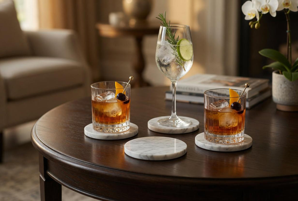 Bianco Carrara Marble Coasters, Set of 4, Round or Square