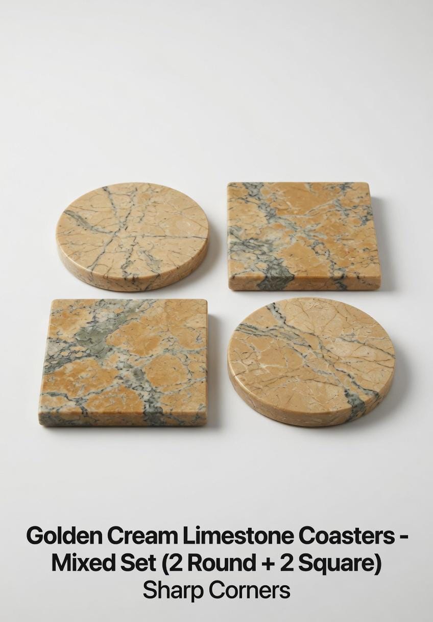 Handmade Golden Cream Limestone Coasters, Set of 4