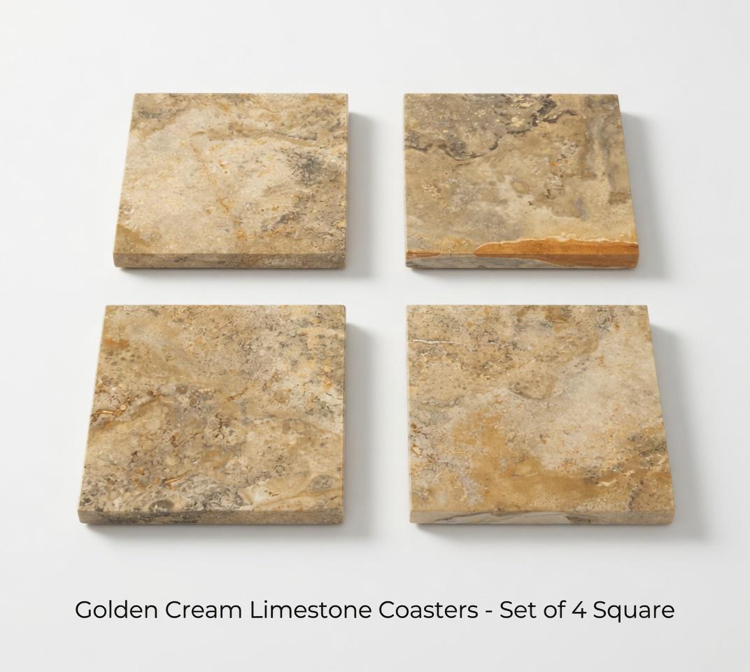 Handmade Golden Cream Limestone Coasters, Set of 4