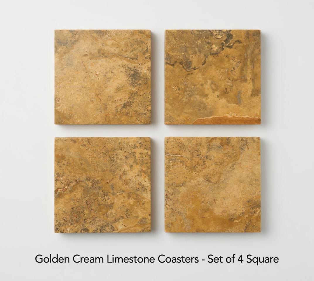 Handmade Golden Cream Limestone Coasters, Set of 4