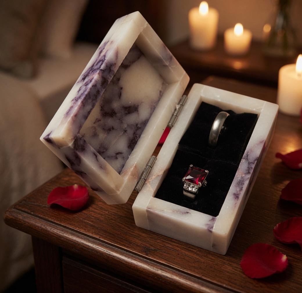 Amaretto Viola Marble Double Ring Box, Elegant Keepsake perfect to hold 2 rings and treasure forever