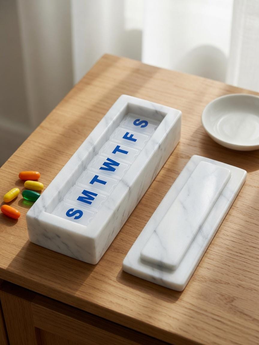 Glacier White marble pill shorter box 7"×2 1/4" height 2 3/8" with weakly pill organizer FREE SHIPPING
